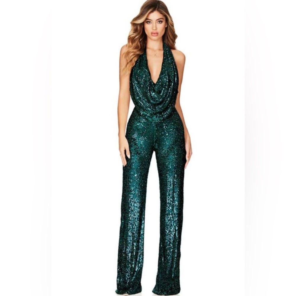 12th Tribe Emerald Sequin Halter Jumpsuit